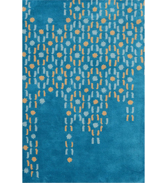 Teal abstract hand-tufted wool rug with golden yellow and blue dotted cascade