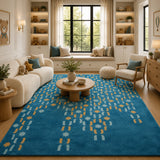 Teal blue gold wool rug