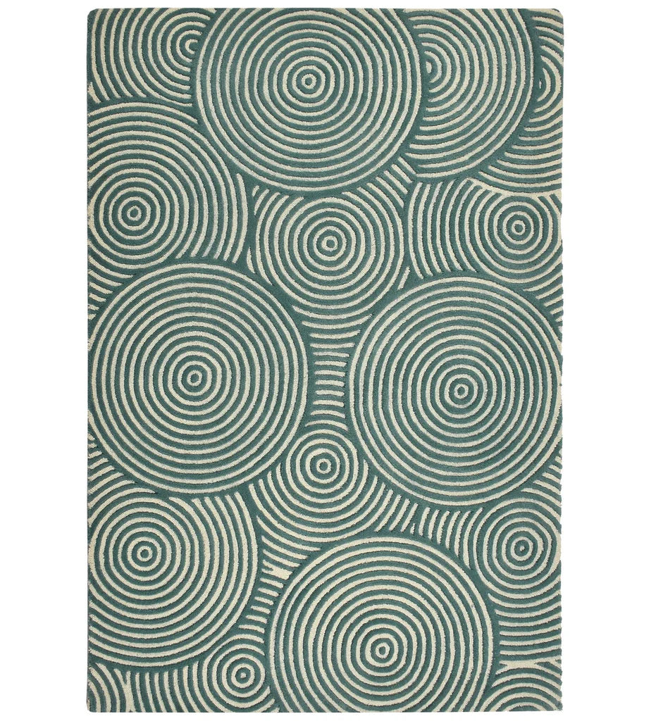 Teal and ivory concentric circles hand-tufted wool rug