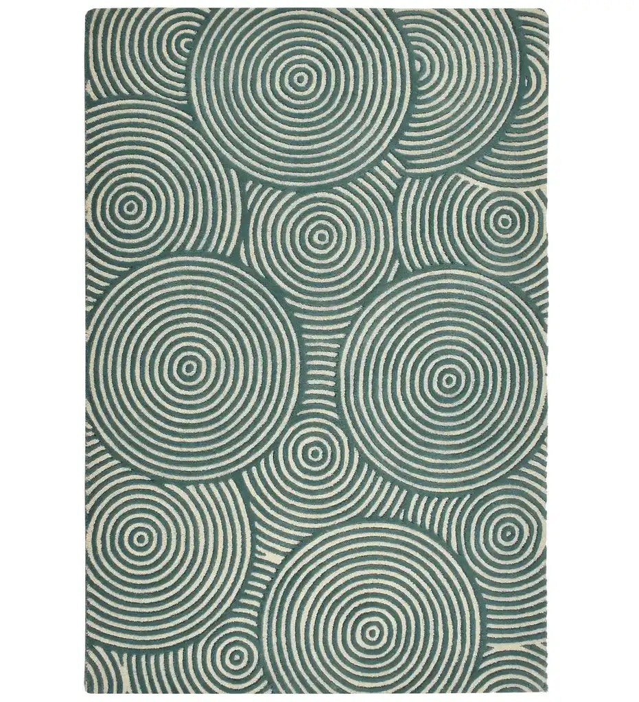 Teal and ivory concentric circles hand-tufted wool rug