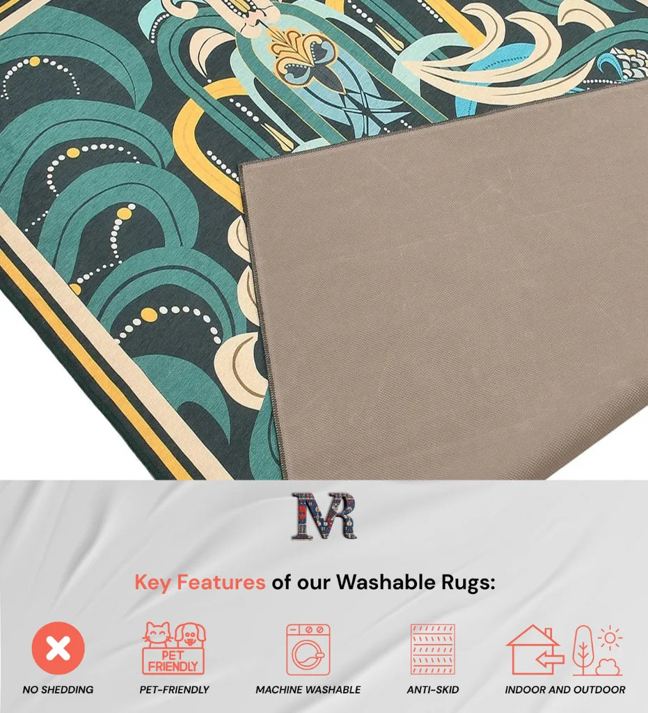 Machine washable rug with teal and gold modern abstract print.