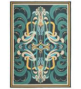 Modern abstract rug in teal and gold tones, machine washable design.