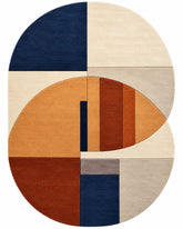Blue and rust geometric wool area rug with curved arch design for a living room, 8x10 size