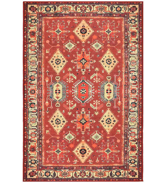 Terracotta Red Traditional Rug with ornate vintage patterns.