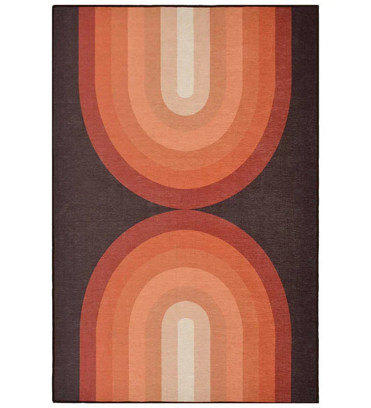 Terracotta retro geometric arch rug with warm tones.