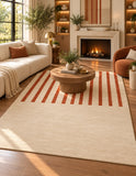 Beige and rust 9x12 rectangular area rug for bedroom with minimalist vertical stripe pattern