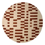 Round terracotta and beige modern geometric rug with bold rectangular pattern