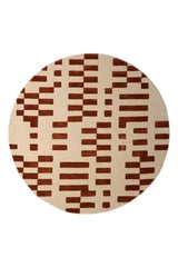 Round terracotta and beige modern geometric rug with bold rectangular pattern