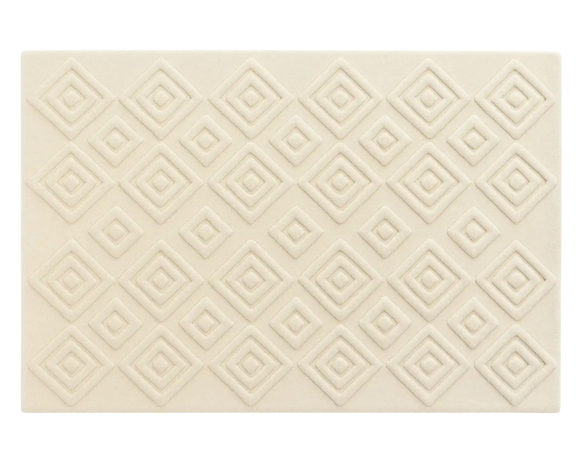 Sculpted geometric diamond rug in premium cream wool texture.