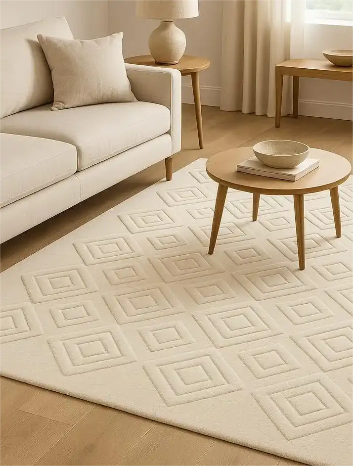 Luxury sculpted cream wool rug for contemporary home interiors.