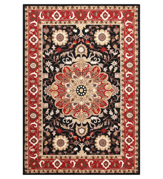 Traditional red and black medallion hand-tufted wool rug