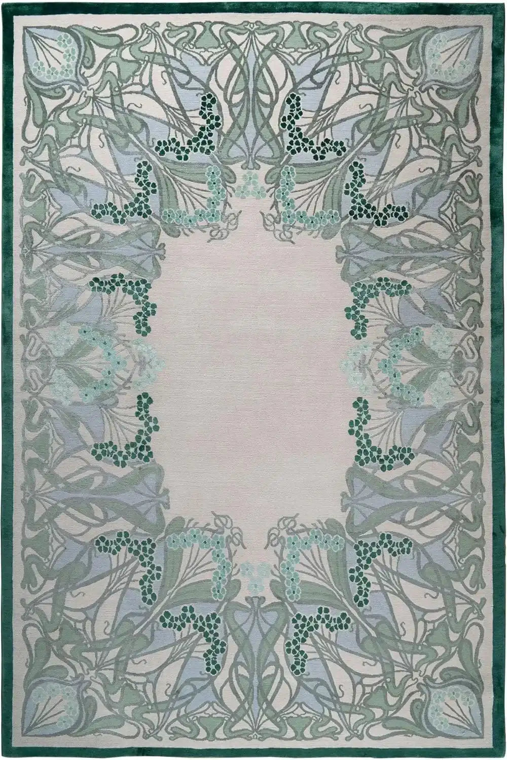 Tranquil Harmony hand-tufted rug with intricate green and blue floral border on light background