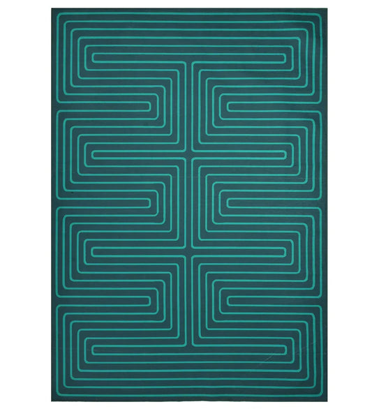 Turquoise Maze Rug with modern geometric pattern.