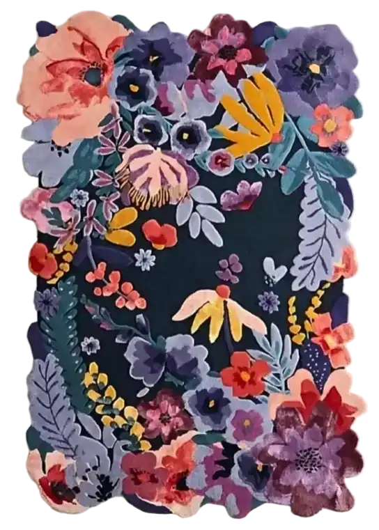 Colorful floral-patterned luxury rug with vibrant flowers and leaves on a dark background