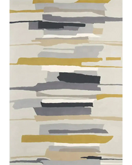 Modern abstract rug with horizontal stripes in gold, gray, black, and beige tones by Mannat Rugs