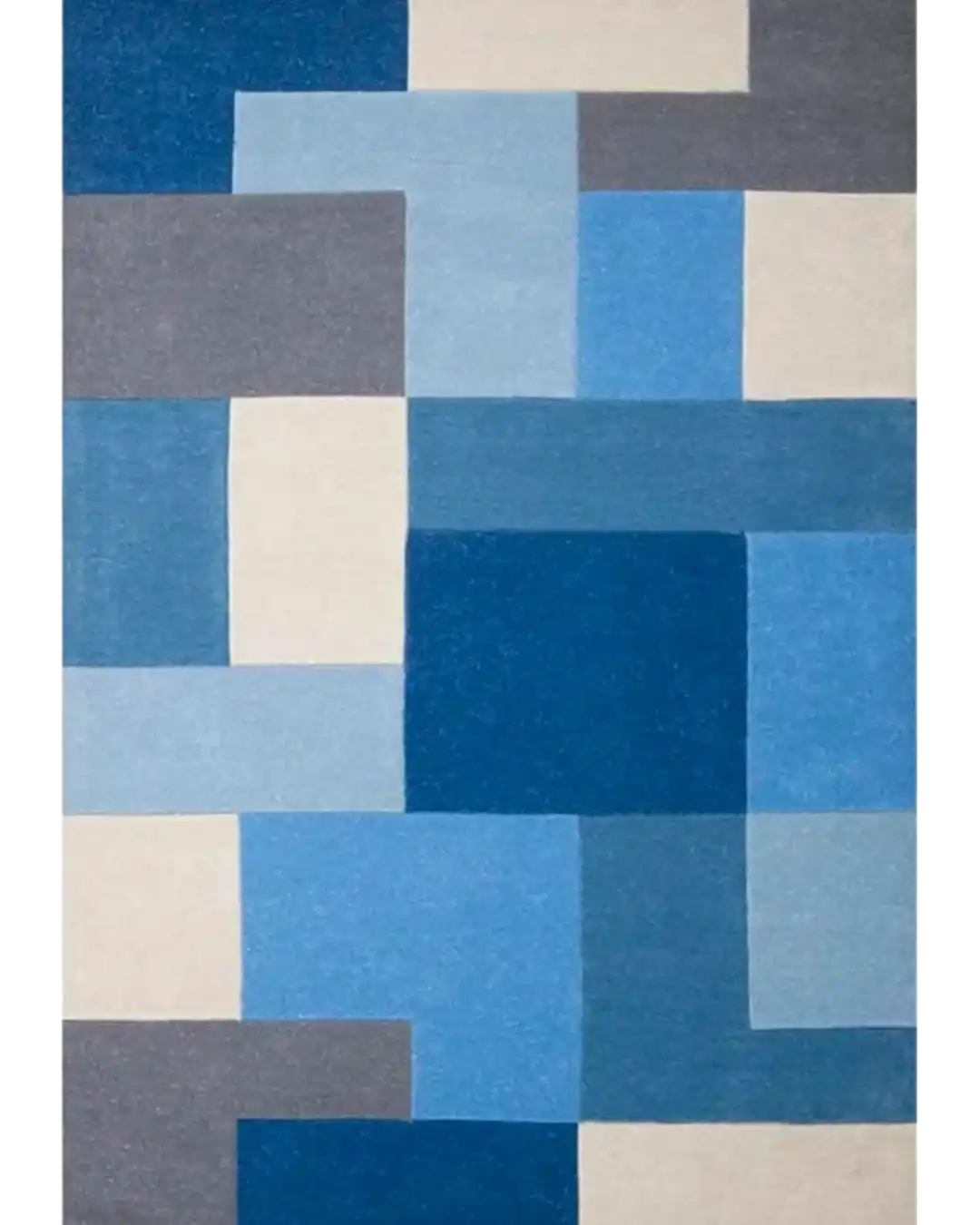 Mannat Rugs luxury handwoven rug with abstract geometric pattern in shades of blue, gray, and cream