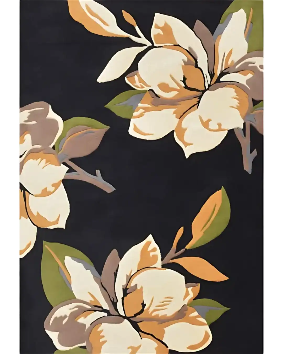Luxury handwoven rug with large beige and tan floral patterns and green leaves on a black background