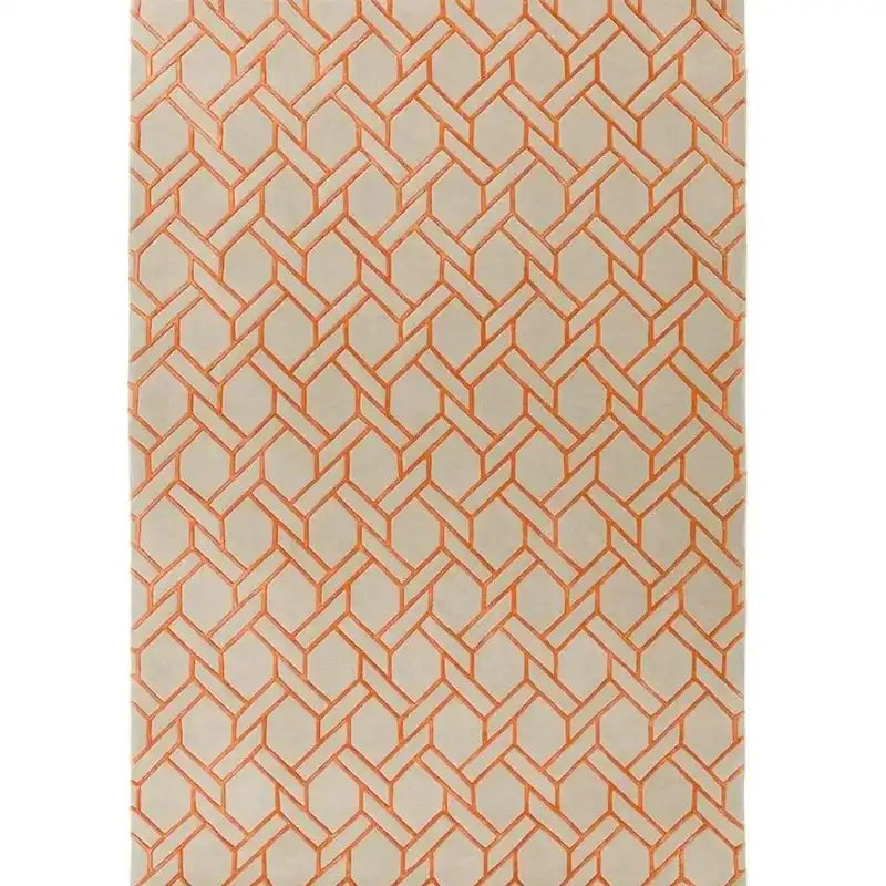 Luxury handwoven rug with interlocking geometric orange pattern on beige background