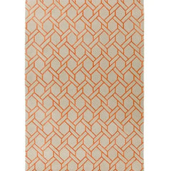 Luxury handwoven rug with interlocking geometric orange pattern on beige background