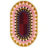 Oval luxury handwoven rug with geometric patterns in pink, black, brown, and mustard tones