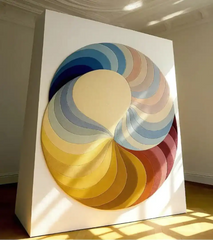 Colorful handwoven circular rug with blue, beige, yellow, orange, and red segments displayed indoors on white stand