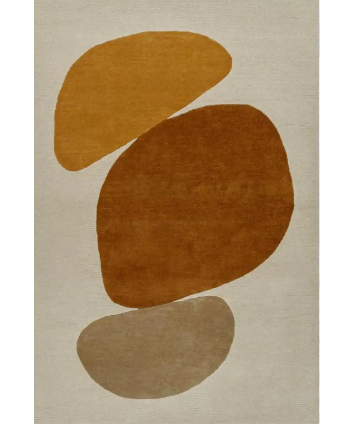 Handwoven modern rug with abstract organic shapes in mustard, brown, and beige on light background
