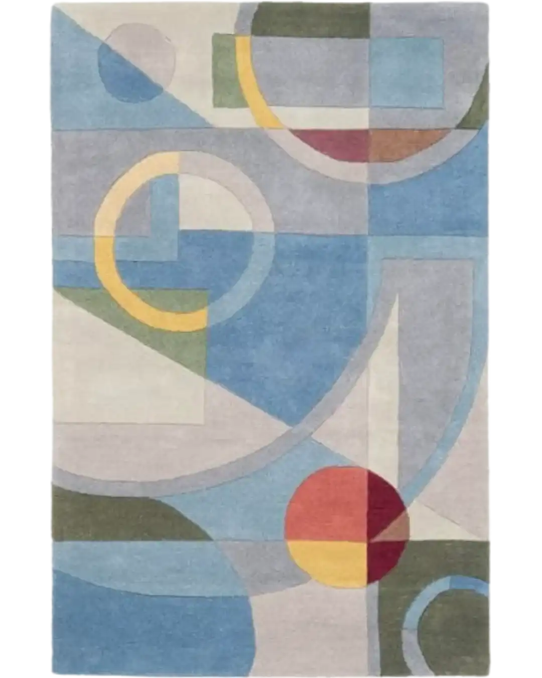Abstract geometric luxury rug with blue, yellow, red, and green shapes and circles