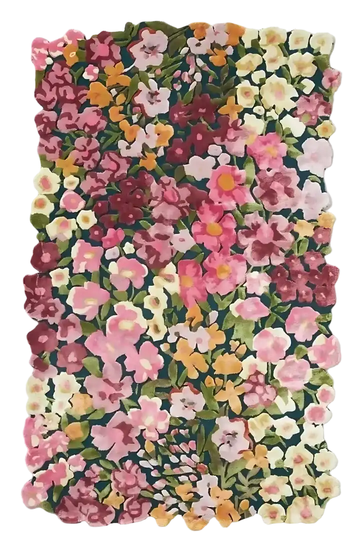 Handwoven luxury floral rug with pink, yellow, and cream flowers on green background
