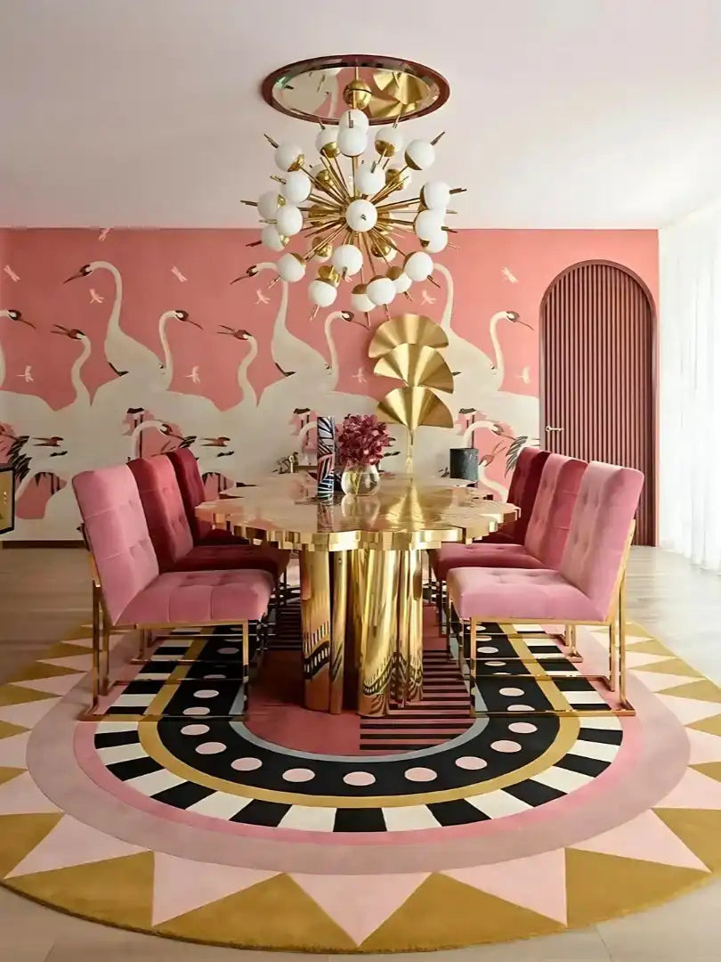 Luxury dining room with pink velvet chairs, gold reflective table, geometric rug, swan wall mural, and modern chandelier