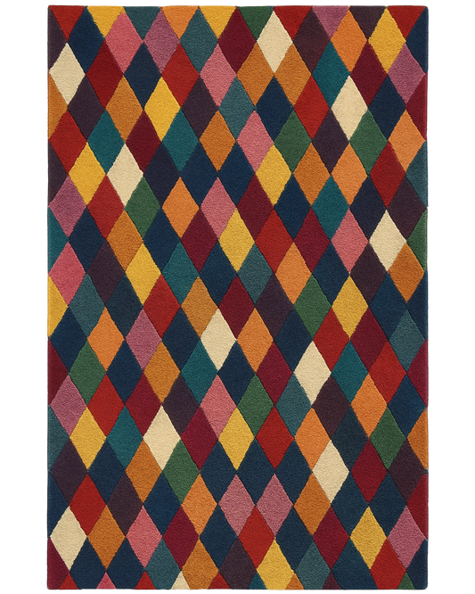 Vibrant multicolor diamond rug – hand-tufted wool modern design.
