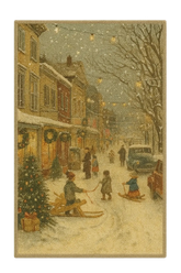 Vintage Christmas village rug with snowy holiday street scene