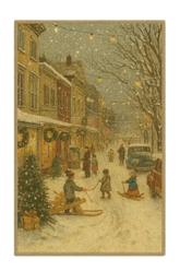 Vintage Christmas village rug with snowy holiday street scene