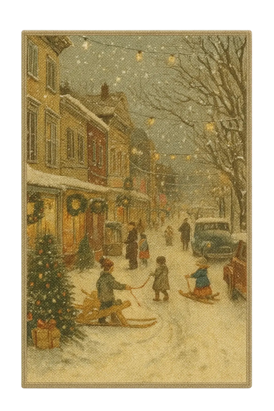 Vintage Christmas village rug with snowy holiday street scene