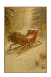 Vintage Christmas sleigh rug with red sled and festive greenery in snowy forest