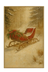 Vintage Christmas sleigh rug with red sled and festive greenery in snowy forest