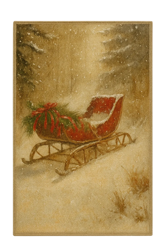 Vintage Christmas sleigh rug with red sled and festive greenery in snowy forest
