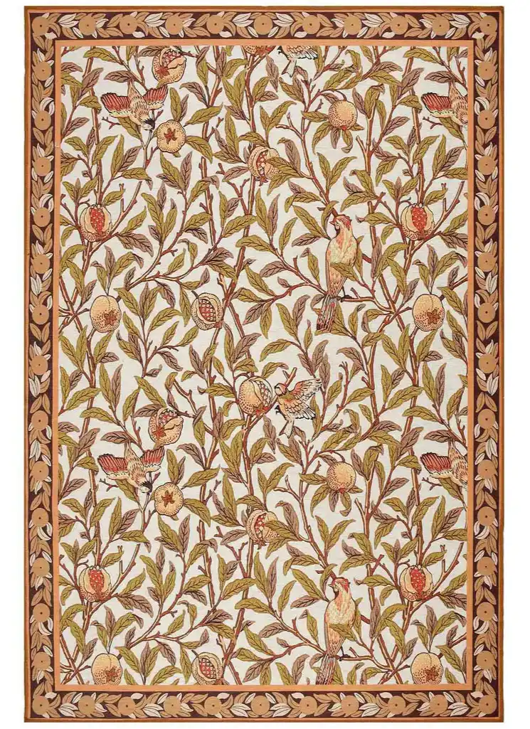 Luxury handwoven botanical rug with warm tones, featuring birds and pomegranates on leafy branches