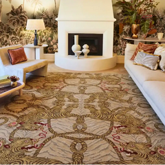 Luxury living room with white modern fireplace, patterned yellow tiger animal rug, cozy beige couches, and botanical wallpaper