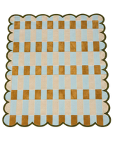 Yellow and light blue checkered area rug with scalloped edges and striped accents