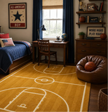 Children's bedroom with a basketball court rug, bed, desk, and decor.