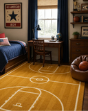 Children's bedroom with a basketball court rug, bed, desk, and decor.