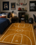 Bedroom with basketball-themed decor, including a rug with a basketball court design.