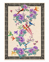 Decorative rug with floral and bird design on a beige background