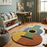 Children's room with a desk, bookshelf, and guitar-shaped rug.