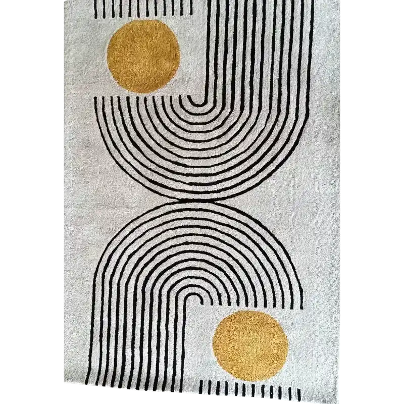 Modern handwoven luxury rug with black curved lines and two mustard yellow circles on white background