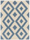 A square area rug with a geometric diamond pattern in slate blue on a warm cream background.