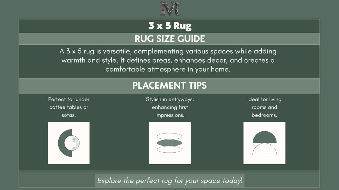 Mannat Rugs 3x5 rug size guide with placement tips for coffee tables, entryways, living rooms, and bedrooms