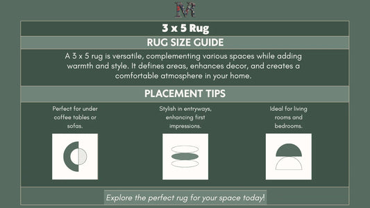 Mannat Rugs 3x5 rug size guide with placement tips for coffee tables, entryways, living rooms, and bedrooms