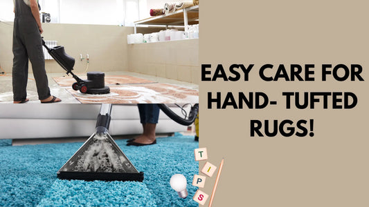 Person cleaning hand-tufted rugs with cleaning machines, demonstrating easy care tips for luxury rugs