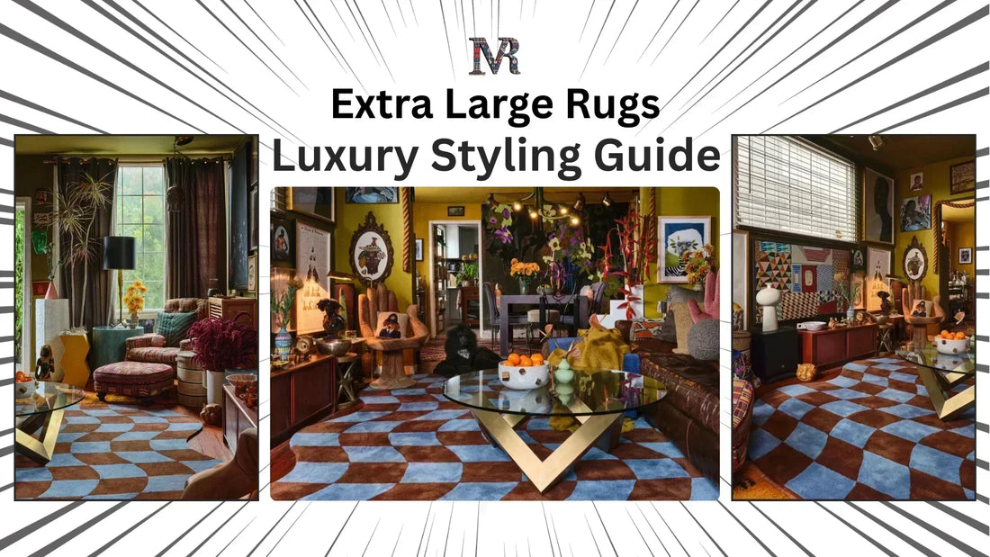 Elegant living room styled with an extra large luxury area rug that perfectly fits under sofas and furniture